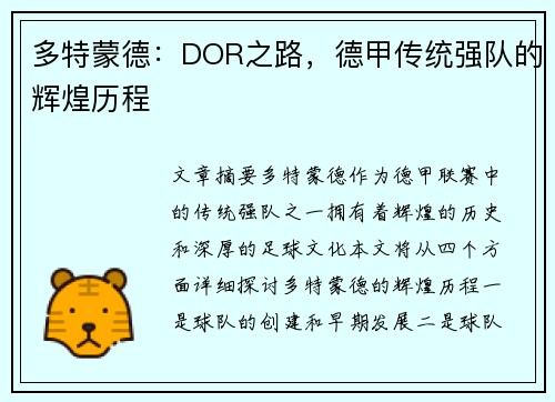多特蒙德：DOR之路，德甲传统强队的辉煌历程