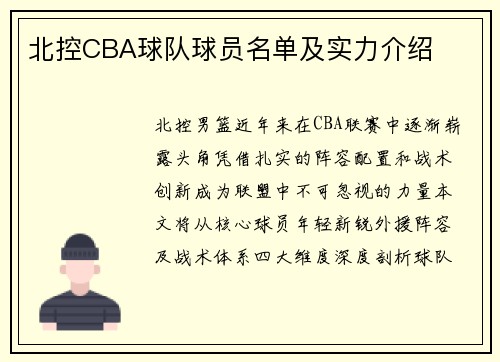 北控CBA球队球员名单及实力介绍