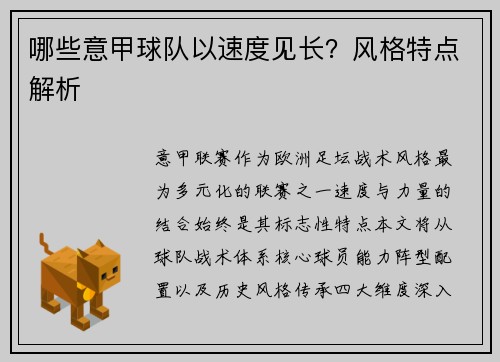 哪些意甲球队以速度见长？风格特点解析